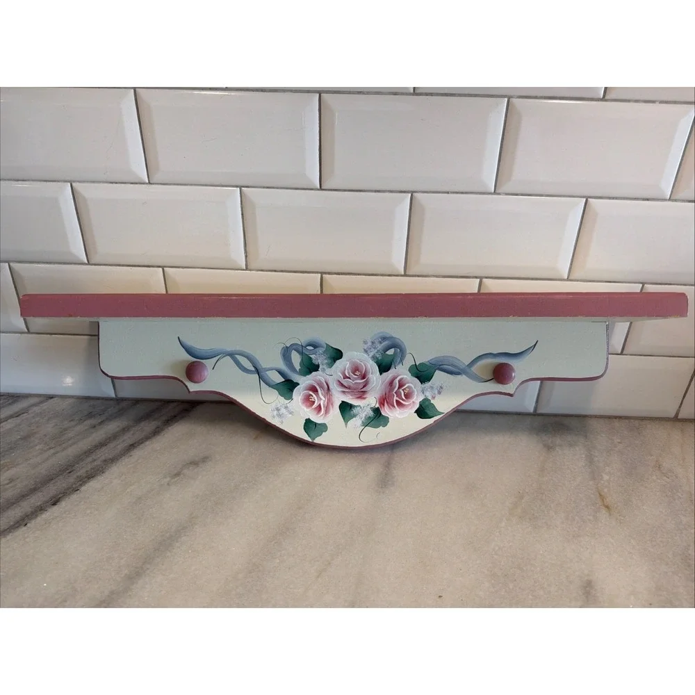 Vintage Cream/mauve Hand Painted Floral Wooden Wall Shelf 21